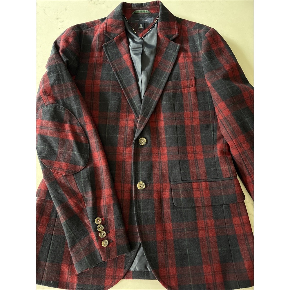Tommy Hilfiger Blazer Womens S Plaid Elbow Patch Button Preppy Tartan Plaid Wool